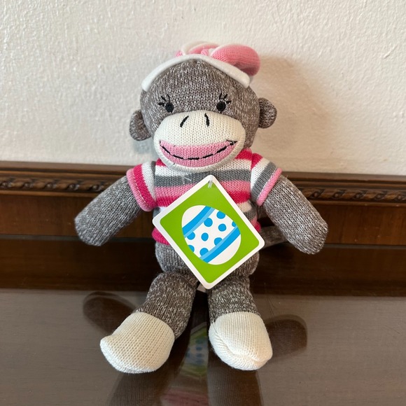 DanDee Sock Monkey Easter Bunny 12" Plush Rabbit Ears Pink Multi-Striped Shirt - Picture 1 of 4